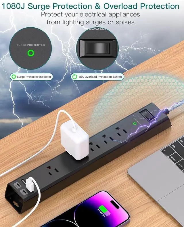 Alt view image 7 of 7 - 2 Pack Power Strip Surge Protector - 6Ft Extension Cord with 5 Widely Outlets 4 USB (2 USB C) Port, 1875W/15A, Wall Mount, Flat Plug, Desk Charging Station for Home Office College Dorm Room Essentials
