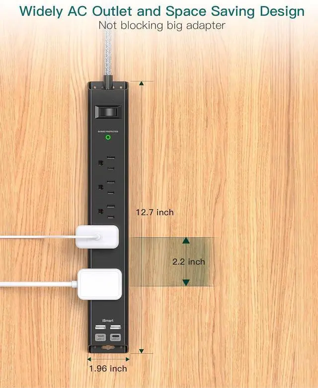 Alt view image 3 of 7 - 2 Pack Power Strip Surge Protector - 6Ft Extension Cord with 5 Widely Outlets 4 USB (2 USB C) Port, 1875W/15A, Wall Mount, Flat Plug, Desk Charging Station for Home Office College Dorm Room Essentials