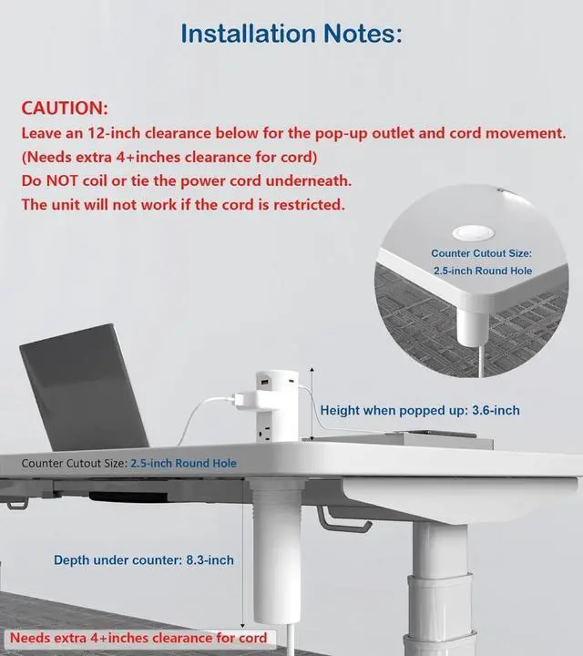 Alt view image 7 of 7 - 2.5 inch Hole Pop up Outlet for Countertop,20W USB C,4 USB Ports,4 Outlets 15Amp Tamper Resistant Receptacle Flush Mount,Space Saver Recessed Outlet,1875W,ETL Listed