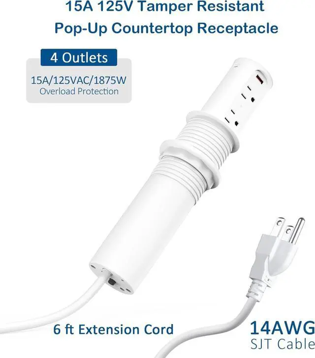 Alt view image 6 of 7 - 2.5 inch Hole Pop up Outlet for Countertop,20W USB C,4 USB Ports,4 Outlets 15Amp Tamper Resistant Receptacle Flush Mount,Space Saver Recessed Outlet,1875W,ETL Listed
