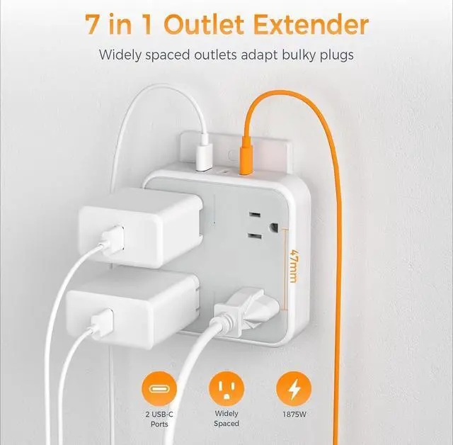 Alt view image 2 of 6 - Multi Plug Outlet Extender, 4 Outlet Splitter 3 USB Wall Charging Ports (2 USB C), Wide Spaced Multiple Expander Surge Protector for Office, Home, College Dorm Room
