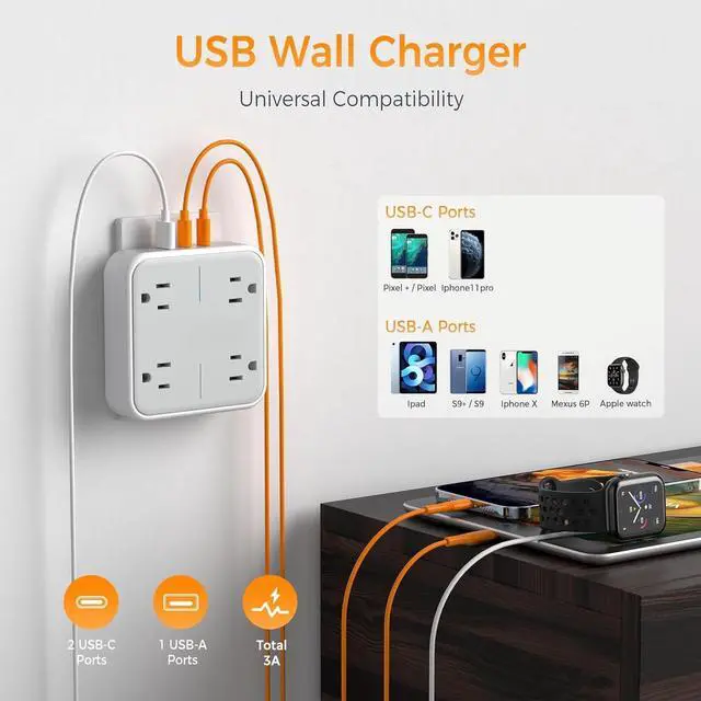 Alt view image 3 of 6 - Multi Plug Outlet Extender, 4 Outlet Splitter 3 USB Wall Charging Ports (2 USB C), Wide Spaced Multiple Expander Surge Protector for Office, Home, College Dorm Room