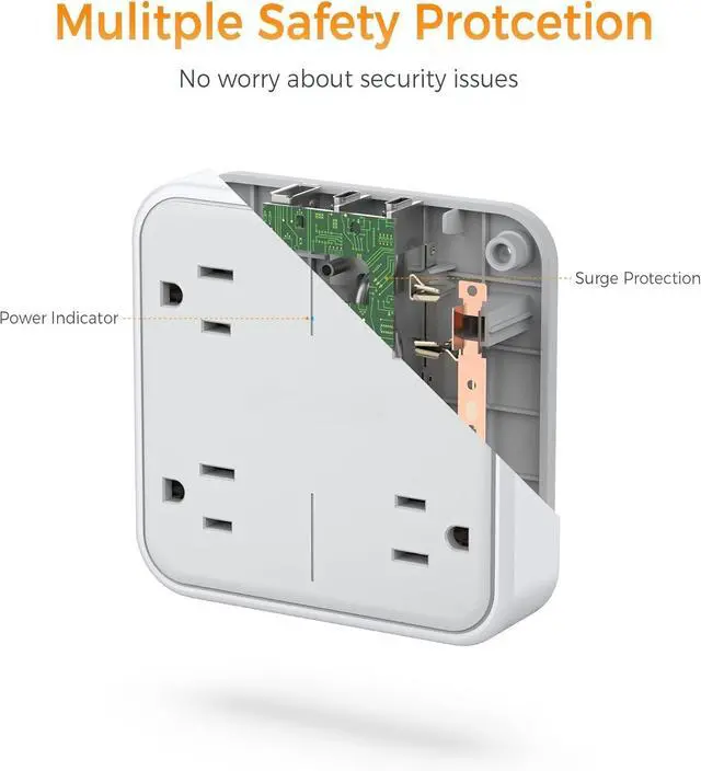 Alt view image 4 of 6 - Multi Plug Outlet Extender, 4 Outlet Splitter 3 USB Wall Charging Ports (2 USB C), Wide Spaced Multiple Expander Surge Protector for Office, Home, College Dorm Room