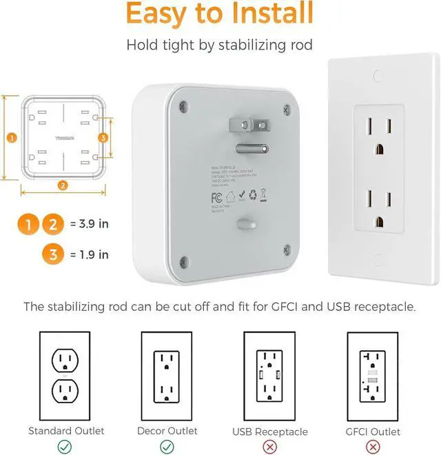 Alt view image 5 of 6 - Multi Plug Outlet Extender, 4 Outlet Splitter 3 USB Wall Charging Ports (2 USB C), Wide Spaced Multiple Expander Surge Protector for Office, Home, College Dorm Room