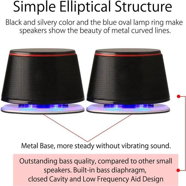 Alt view image 2 of 7 - FOR Computer Speakers, 5Wx2, Deep Bass in Small Body, Stereo 2.0 USB Powered 3.5mm Aux Multimedia Speakers, Built-in Bottom Bass Radiators, PC Laptop Desktop Speakers, Black