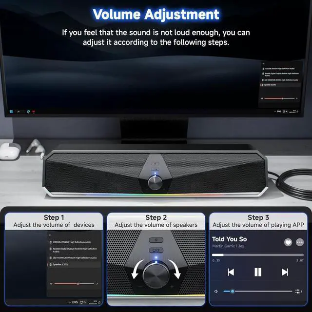 Alt view image 3 of 5 - Bluetooth Computer Speakers for Desktop, USB Plug & Play PC Speakers with Dynamic LED Light, Stereo Sound Soundbar for Desktop Laptop Monitor (USB-C Adapter Included)