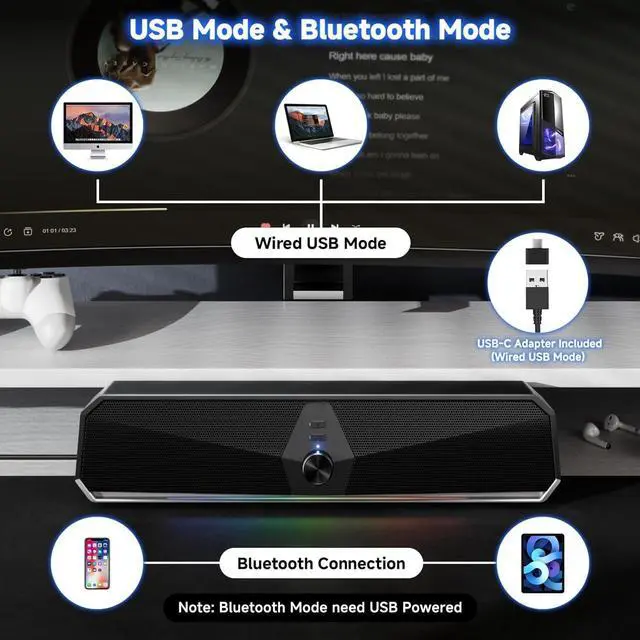 Alt view image 4 of 5 - Bluetooth Computer Speakers for Desktop, USB Plug & Play PC Speakers with Dynamic LED Light, Stereo Sound Soundbar for Desktop Laptop Monitor (USB-C Adapter Included)