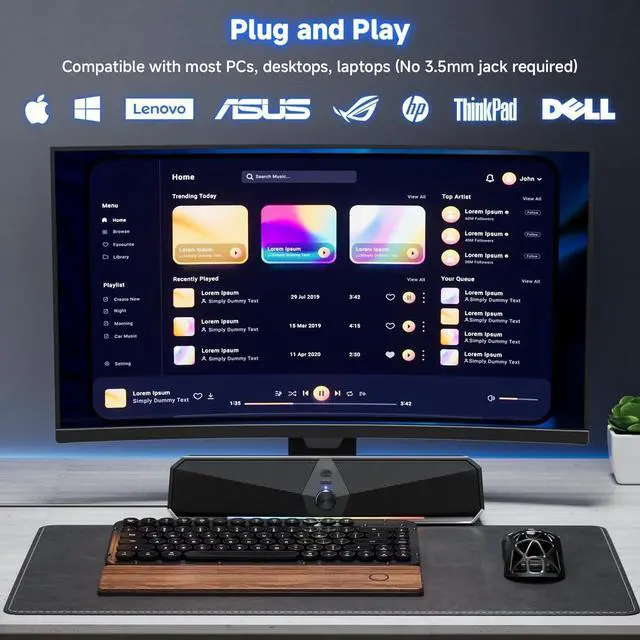 Alt view image 5 of 5 - Bluetooth Computer Speakers for Desktop, USB Plug & Play PC Speakers with Dynamic LED Light, Stereo Sound Soundbar for Desktop Laptop Monitor (USB-C Adapter Included)