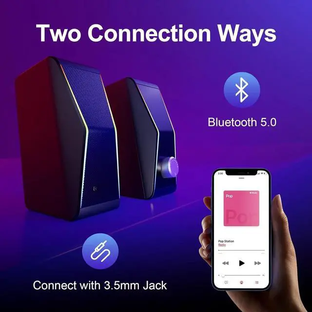 Alt view image 4 of 4 - Computer Speakers, Bluetooth 5.0 Hi-Fi Stereo PC Speakers, 4 Dynamic Lighting Modes, AC Adapter Powered and 3.5mm AUX-in Computer Speakers for Desktop PC, Monitor, Laptop, Tablet, Phone