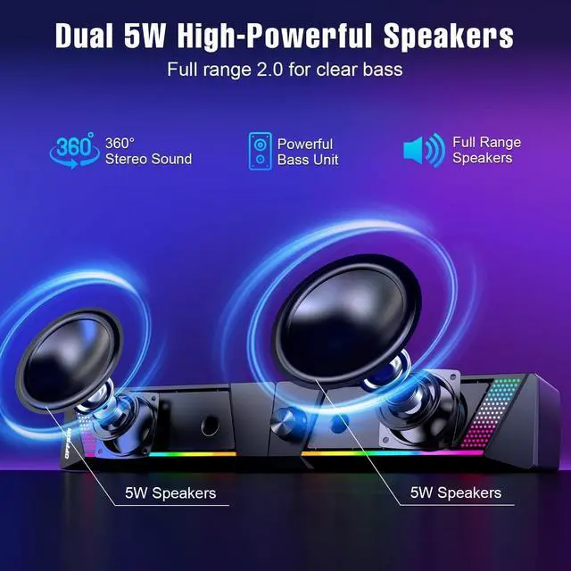 Alt view image 2 of 6 - Computer Speakers, 2 in 1 PC Speaker , Gaming Speakers for PC Computer Laptop Desktop Monitor, RGB Speakers with Touch Sensitive Lighting, USB Powered 3.5mm AuxPackage Only Two Speaker, No Soundbar