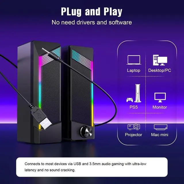 Alt view image 5 of 6 - Computer Speakers, 2 in 1 PC Speaker , Gaming Speakers for PC Computer Laptop Desktop Monitor, RGB Speakers with Touch Sensitive Lighting, USB Powered 3.5mm AuxPackage Only Two Speaker, No Soundbar