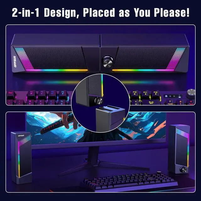 Alt view image 3 of 6 - Computer Speakers, 2 in 1 PC Speaker , Gaming Speakers for PC Computer Laptop Desktop Monitor, RGB Speakers with Touch Sensitive Lighting, USB Powered 3.5mm AuxPackage Only Two Speaker, No Soundbar