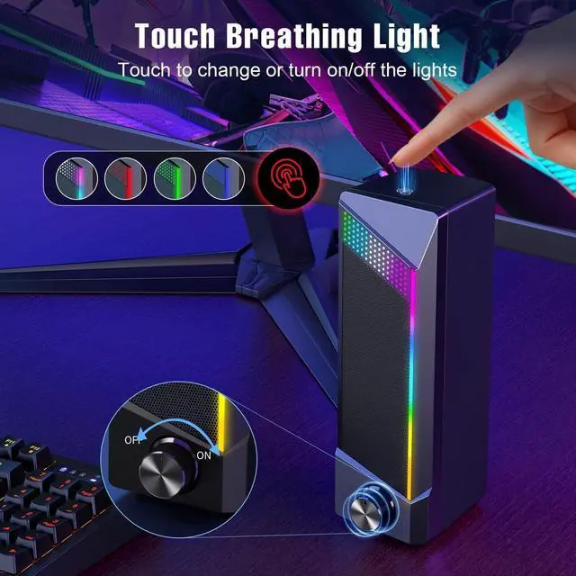Alt view image 4 of 6 - Computer Speakers, 2 in 1 PC Speaker , Gaming Speakers for PC Computer Laptop Desktop Monitor, RGB Speakers with Touch Sensitive Lighting, USB Powered 3.5mm AuxPackage Only Two Speaker, No Soundbar