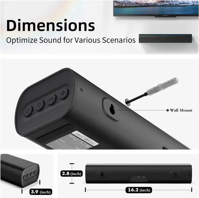 Alt view image 6 of 6 - Sound Bars for TV 16-inch, Cinematic TV Sound Bar with Impactful Bass, Bluetooth Soundbar for TV with Remote Control, Wall Mountable TV Speakers Sound Bar Work with Traditional or Smart TV
