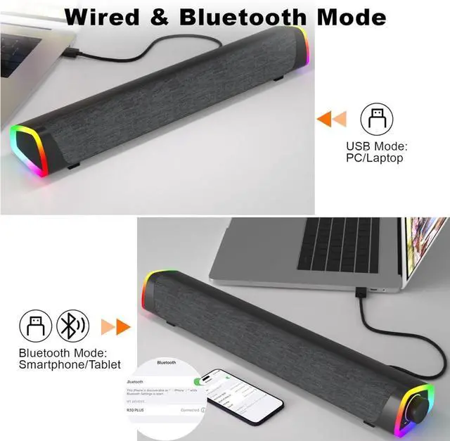 Alt view image 3 of 7 - R30 Plus Bluetooth Computer Speakers for PC Desktop, All-in-one Control Button with 6 Modes LED Lights, Wired USB Powered Sound Bar, Surround Sound Portable SoundBar for Monitor Laptop Phone