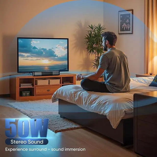 Alt view image 2 of 6 - 15.2 Inch Compact Sound Bar for Smart TV, 50W Soundbar for TV with Bluetooth5.3, Opt & AUX, Easy Setup & Wall Mountable, Perfect tv Sound bar for PC and Small Spaces Like Bedrooms