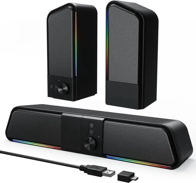 Main image of 2 in 1 Bluetooth Computer Speakers for Desktop, USB Plug & Play Clear Sound PC Speakers with RGB Light, Monitor Sound Bar with Volume Knob, Gaming Speaker for PC Laptop Phone Tablet
