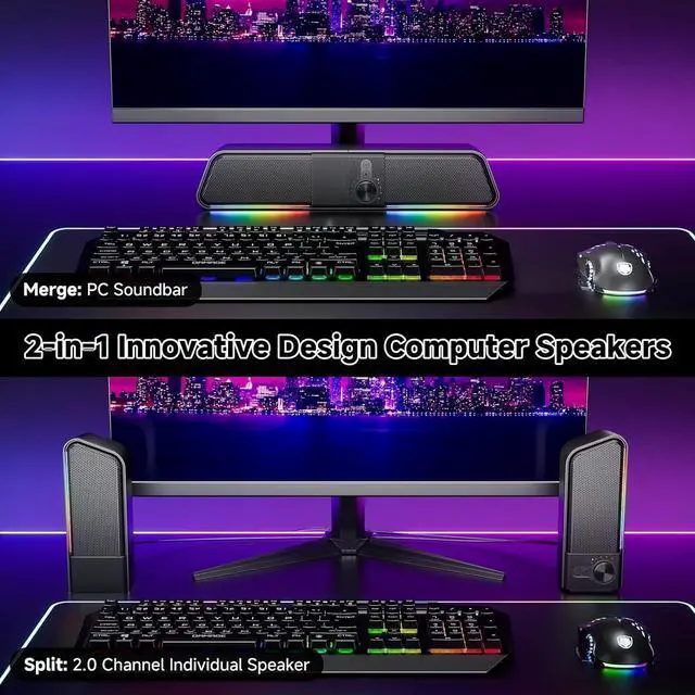 Alt view image 2 of 7 - 2 in 1 Bluetooth Computer Speakers for Desktop, USB Plug & Play Clear Sound PC Speakers with RGB Light, Monitor Sound Bar with Volume Knob, Gaming Speaker for PC Laptop Phone Tablet