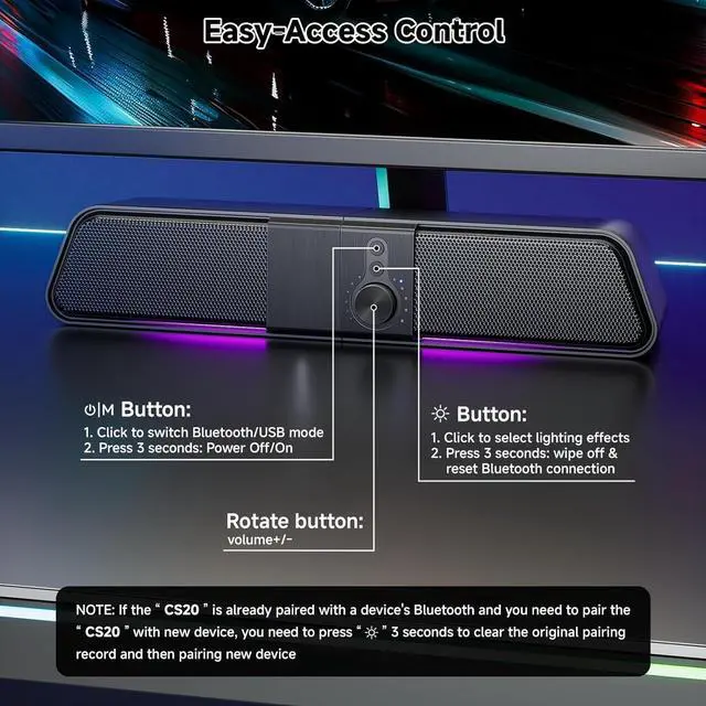 Alt view image 7 of 7 - 2 in 1 Bluetooth Computer Speakers for Desktop, USB Plug & Play Clear Sound PC Speakers with RGB Light, Monitor Sound Bar with Volume Knob, Gaming Speaker for PC Laptop Phone Tablet