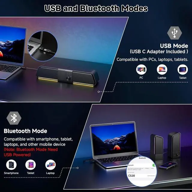 Alt view image 4 of 7 - 2 in 1 Bluetooth Computer Speakers for Desktop, USB Plug & Play Clear Sound PC Speakers with RGB Light, Monitor Sound Bar with Volume Knob, Gaming Speaker for PC Laptop Phone Tablet