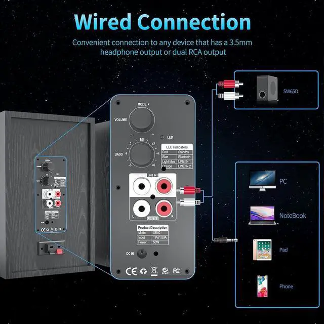 Alt view image 4 of 7 - for4 Inch Powered Bookshelf Speakers with Deep Bass, Bluetooth 5.0 Studio Monitor Speakers, 2.0 Neared Field Audio Speakers with 2 RCA Line Input, Set of 2 Black-New Model