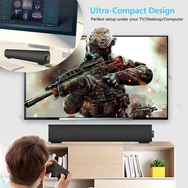 Alt view image 2 of 7 - Portable Soundbar for TV/PC, Outdoor/Indoor Wired & Wireless Bluetooth 5.0 Speaker with Remote Control and Coax Cable, 2X5W Mini Home Theater Sound bar with Built-in Subwoofers for Projector (Updated)