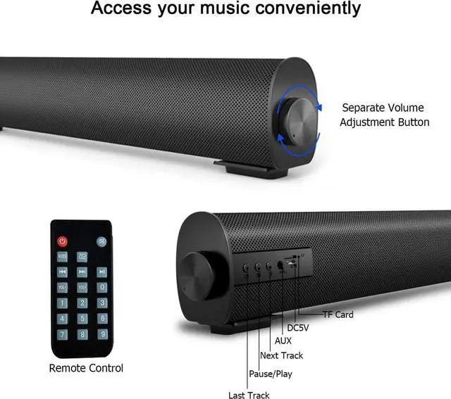 Alt view image 4 of 7 - Portable Soundbar for TV/PC, Outdoor/Indoor Wired & Wireless Bluetooth 5.0 Speaker with Remote Control and Coax Cable, 2X5W Mini Home Theater Sound bar with Built-in Subwoofers for Projector (Updated)