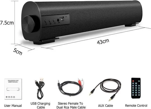Alt view image 5 of 7 - Portable Soundbar for TV/PC, Outdoor/Indoor Wired & Wireless Bluetooth 5.0 Speaker with Remote Control and Coax Cable, 2X5W Mini Home Theater Sound bar with Built-in Subwoofers for Projector (Updated)