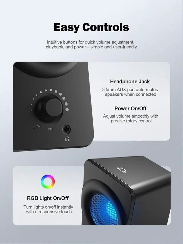 Alt view image 5 of 6 - Computer Speakers for Desktop PC, Plug & Play USB Speaker with 2 Speaker Units, Dynamic RGB Light PC Speakers, USB/Type-C Powered Wired Speakers for Desktop, Laptop, Projector