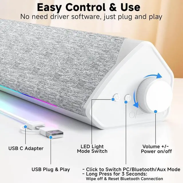 Alt view image 3 of 7 - R60 Bluetooth Computer Speakers, USB-C/USB Plug-N-Play PC Speakers with LED Dynamic Light, Surround Sound Soundbar Speaker with Rotary Switch for Desktop Laptop