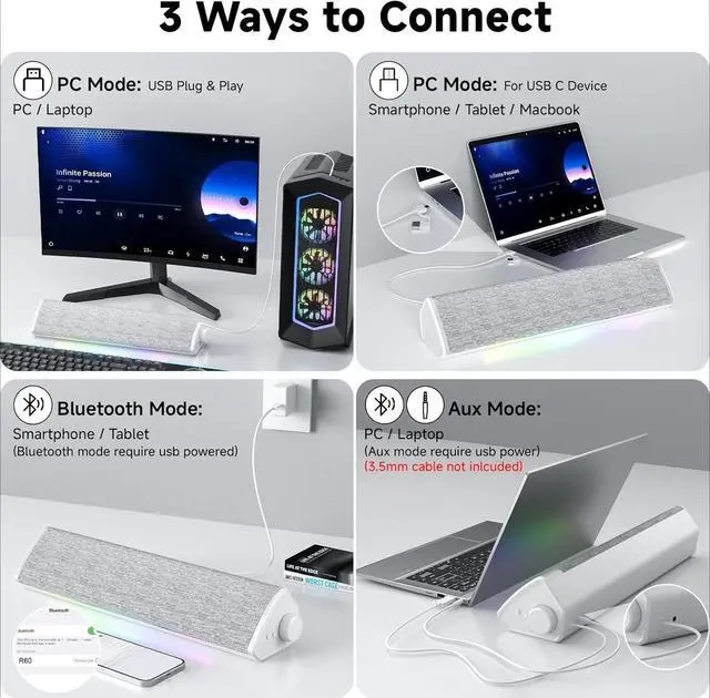 Alt view image 4 of 7 - R60 Bluetooth Computer Speakers, USB-C/USB Plug-N-Play PC Speakers with LED Dynamic Light, Surround Sound Soundbar Speaker with Rotary Switch for Desktop Laptop