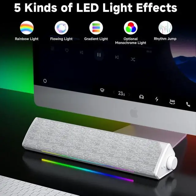 Alt view image 5 of 7 - R60 Bluetooth Computer Speakers, USB-C/USB Plug-N-Play PC Speakers with LED Dynamic Light, Surround Sound Soundbar Speaker with Rotary Switch for Desktop Laptop