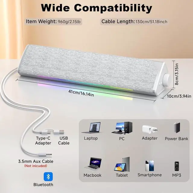 Alt view image 6 of 7 - R60 Bluetooth Computer Speakers, USB-C/USB Plug-N-Play PC Speakers with LED Dynamic Light, Surround Sound Soundbar Speaker with Rotary Switch for Desktop Laptop