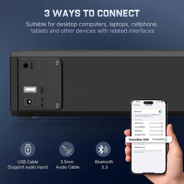 Alt view image 3 of 7 - 2.1 Computer Speakers for Desktop PC, Bluetooth 5.3 Computer Sound Bar with HiFi Sound, 7 RGB Light Modes, DC Powered Laptop Speakers with 3.5mm AUX-in/USB Connected for Game, Music and Movie