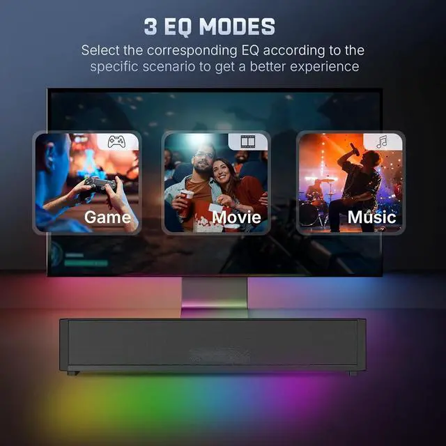 Alt view image 4 of 7 - 2.1 Computer Speakers for Desktop PC, Bluetooth 5.3 Computer Sound Bar with HiFi Sound, 7 RGB Light Modes, DC Powered Laptop Speakers with 3.5mm AUX-in/USB Connected for Game, Music and Movie