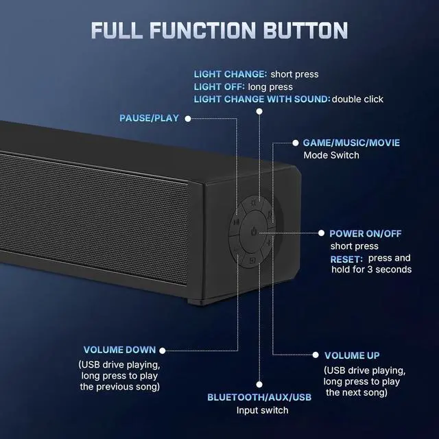 Alt view image 6 of 7 - 2.1 Computer Speakers for Desktop PC, Bluetooth 5.3 Computer Sound Bar with HiFi Sound, 7 RGB Light Modes, DC Powered Laptop Speakers with 3.5mm AUX-in/USB Connected for Game, Music and Movie