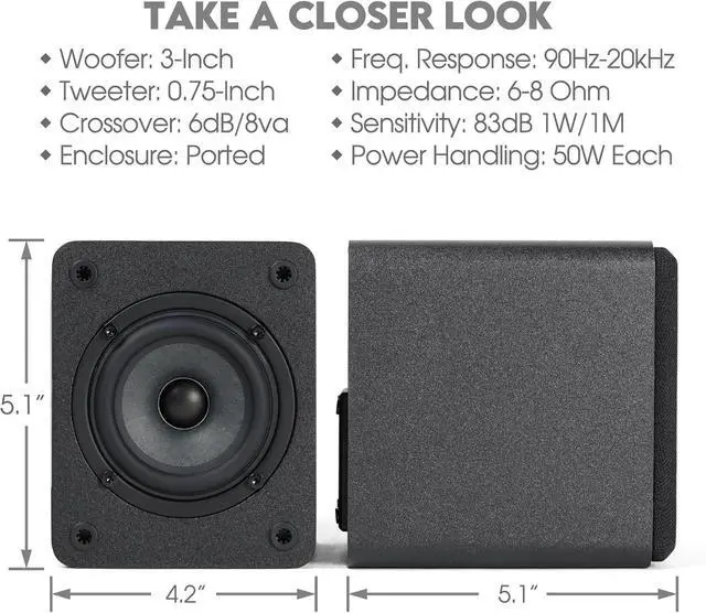 Alt view image 4 of 4 - COVO-S 2-Way Passive Bookshelf Speakers, Amplifier Required, Not for Turntable, 3-Inch Woofer, 0.75-Inch Tweeter, Wall Mountable, Pair, Black