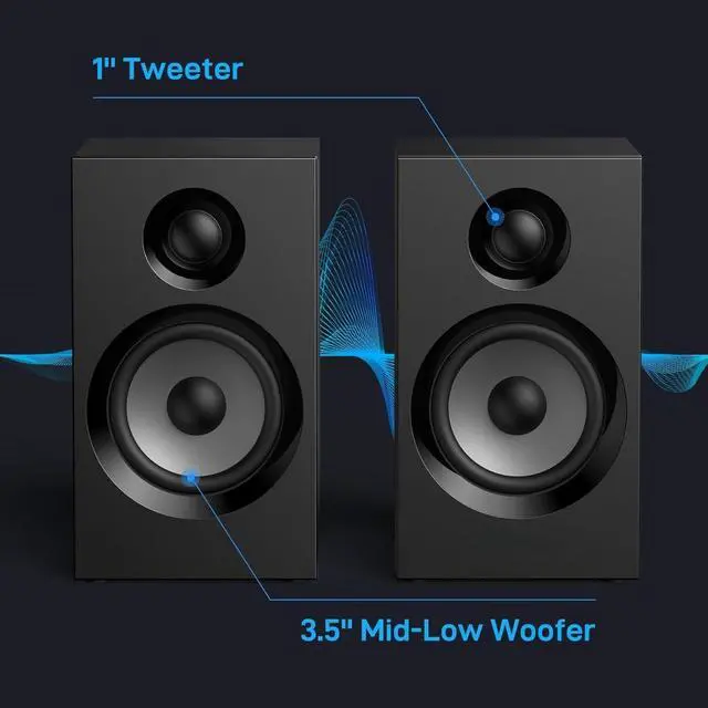 Alt view image 7 of 7 - Active Bookshelf Speakers 3.5" Woofer with 1" Tweeter, 60W RMS-Bluetooth 5.3, Built-in 24bit DAC Dynamic 3D 2.0 Surround Sound, Computer Gaming PC Speakers - Black
