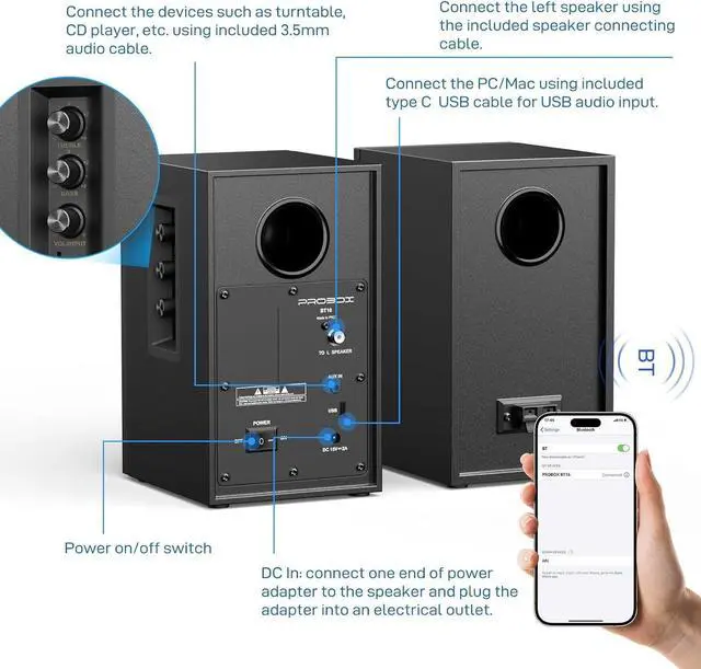 Alt view image 6 of 6 - BT16 Active Bookshelf Speakers 3.5" Woofer with 1" Tweeter, 60W RMS-Bluetooth 5.3, Built-in 24bit DAC Dynamic 3D 2.0 Surround Sound, Computer Gaming PC Speakers - Black