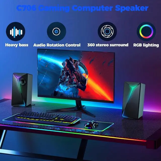 Alt view image 2 of 7 - Computer Speakers, Gaming PC Speakers with Enhanced Bass and Volume Control, Stereo 2.0 USB Powered 3.5mm Aux Multimedia Speakers for Laptop/Desktop/Tablets/Phone