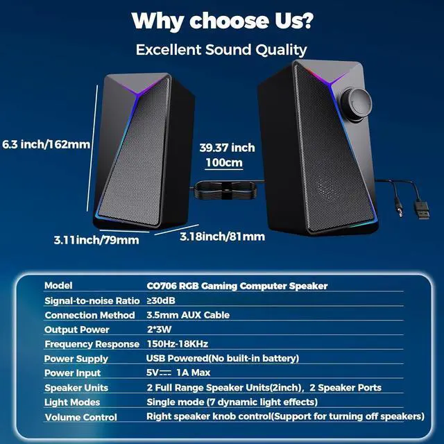 Alt view image 6 of 7 - Computer Speakers, Gaming PC Speakers with Enhanced Bass and Volume Control, Stereo 2.0 USB Powered 3.5mm Aux Multimedia Speakers for Laptop/Desktop/Tablets/Phone