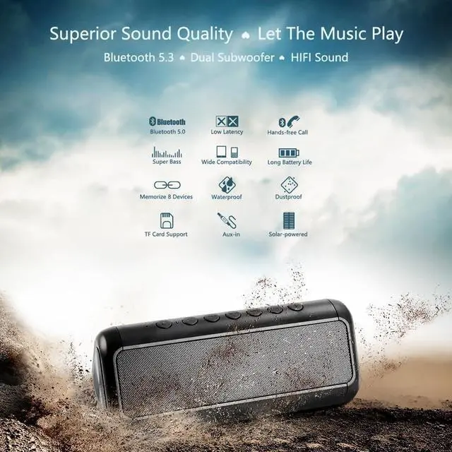Alt view image 6 of 7 - Solar Bluetooth Speaker Portable Wireless, 50H Playtime with HD Stereo Sound,5000mAh Can Charge Cell Phone,BT5.3,Outdoor Waterproof IPX6,TWS Pairing/AUX/TF play for Camping/Beach/Party/travel/Cycling