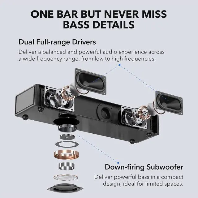 Alt view image 3 of 7 - 2.1 CH Sound Bar with Built-in Subwoofer, Small Soundbar for TV, PC, Gaming, Mini TV Speaker with Bluetooth/HDMI ARC/Optical/AUX/USB Connections