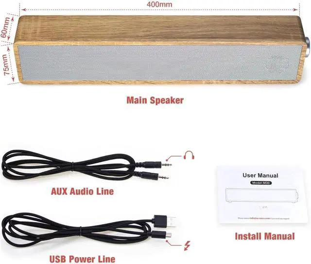 Alt view image 6 of 7 - Computer Speakers, Wired Computer Sound Bar, Wooden Mini Soundbar, USB Powered PC Speakers 3.5mm AUX & PC Input (Yellow)