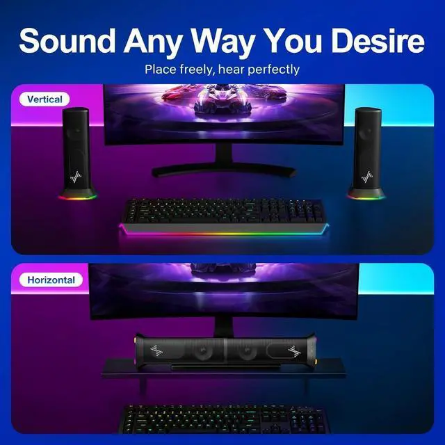 Alt view image 4 of 7 - Computer Speakers  Hi-Fi Stereo PC Speakers with 9 LED Lighting Modes, Enhanced Bass and Sound, USB/Type-C Powered and 3.5mm Audio Wired Desktop Speakers for PC, Laptop, Monitor, MacBook