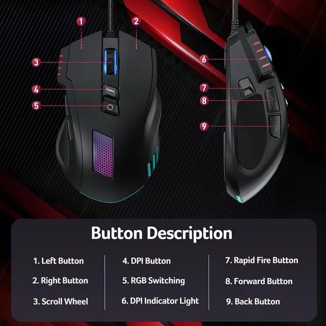Alt view image 3 of 7 - Wired Gaming Mouse, 12,800 DPI RGB Ergonomic Computer Mouse with Optical Sensor, 8 Programmable Buttons, 12 Backlit Modes, Software for DIY Keybinds, Rapid Fire, USB Gaming Mice for Laptop, PC