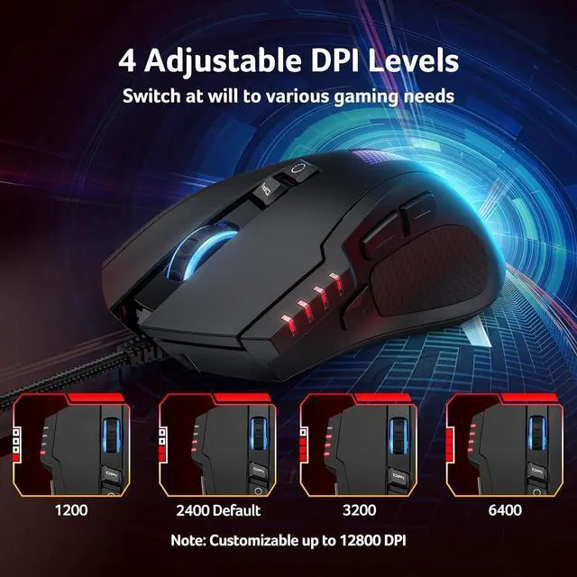 Alt view image 2 of 7 - Wired Gaming Mouse, 12,800 DPI RGB Ergonomic Computer Mouse with Optical Sensor, 8 Programmable Buttons, 12 Backlit Modes, Software for DIY Keybinds, Rapid Fire, USB Gaming Mice for Laptop, PC