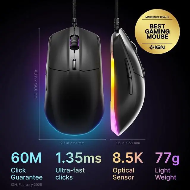 Alt view image 2 of 7 - Rival 3 Gen 2 Gaming Mouse  8500 DPI TrueMove Core Optical Sensor  60 Million Click Durability  Low Latency  77g Lightweight  100% PTFE Feet  RGB  Black