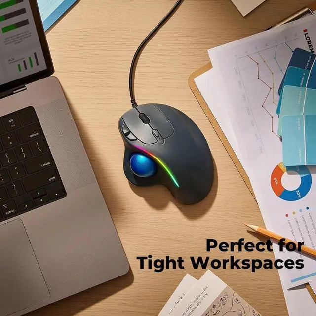 Alt view image 6 of 7 - Wired Trackball Mouse with RGB Lighting, Ergonomic Thumb Control to Reduce Muscle Strain, 5 Adjustable DPI, Dual USB-C & USB-A Connectivity, Compatible with PC, Laptop, Mac, Windows-Blue
