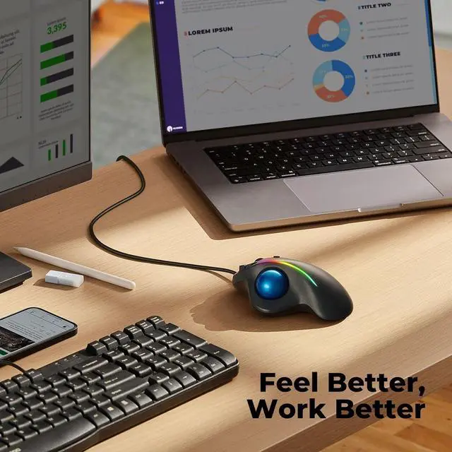 Alt view image 7 of 7 - Wired Trackball Mouse with RGB Lighting, Ergonomic Thumb Control to Reduce Muscle Strain, 5 Adjustable DPI, Dual USB-C & USB-A Connectivity, Compatible with PC, Laptop, Mac, Windows-Blue